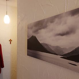 Customer photo: Mountains sticking out of the water in Scotland black and white photo print by Manja Herrebrugh - Outdoor by Manja, on canvas