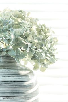 Nature morte avec une fleur dans des tons pastel avec du blanc sur Lisette Rijkers