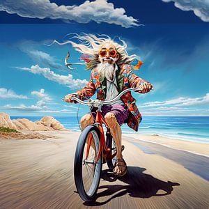 Älterer Mann Fahrrad bunter Anzug Meer Strand Horizont