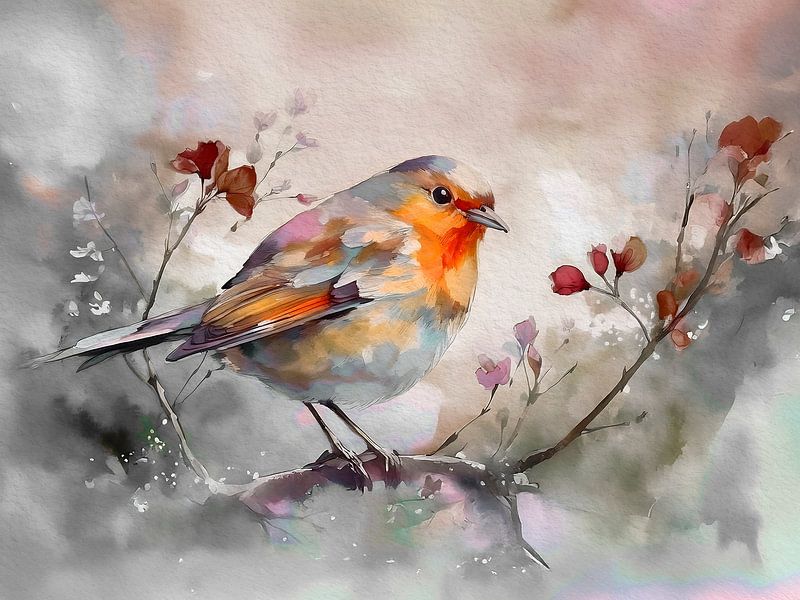 Winter: Robin on a branch in the fog by Studio Pieternel