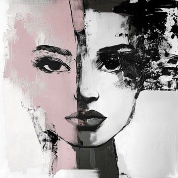 Dualiteit; zwartwit portret in twee helften andere kant lichtroze vrouw van Bianca ter Riet