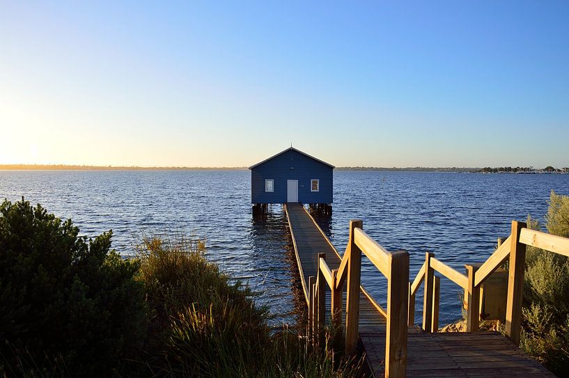 Blue boat house at sunrise by Frank's Awesome Travels