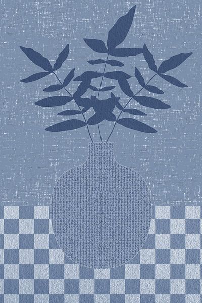 Minimalist retro still live with leaves in a vase. Blue and white, checkerboard and textile texture by Dina Dankers