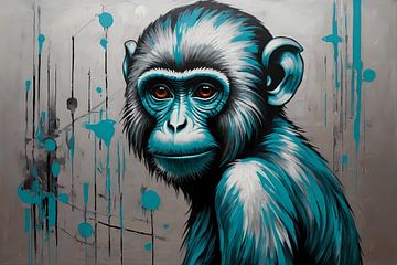 Abstract Monkey with Turquoise and Silver Paint by De Muurdecoratie
