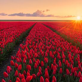 Een veld rode tulpen bij zonsopkomst in Groningen van Marga Vroom