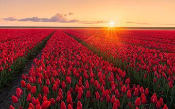 Ein Feld mit roten Tulpen bei Sonnenaufgang in Groningen von Marga Vroom