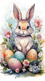 Osterhase mit Ostereiern, Aquarell-Ölgemälde-Design, vertikal