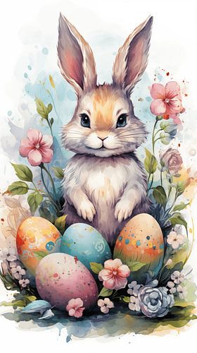Paashaas met paaseieren, aquarel olieverfschilderij ontwerp, verticaal