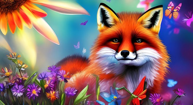 Fox with flowers and butterflies in cheerful colours by Betty Maria Digital Art