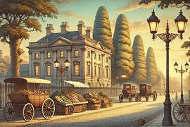 Victorian Market Avenue - 19th century street with carriages and market