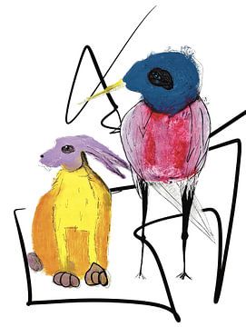 Konijn en vogel - grappige moderne illustratie van Sara-Lena Möllenkamp