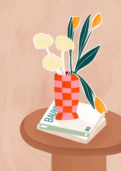 Blume mit karierter roter Vase von Bea Müller