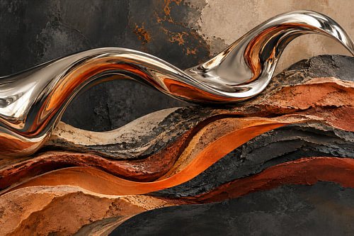 Abstracte kunst met koperen golven en steenstructuur