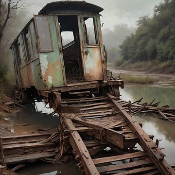 Rotte trailer bij een rivier van Nick Wendt