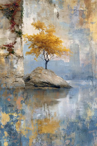 Tree on rock - Dreamy Surrealist Street Art Painting by BowiScapes abstract and digital art