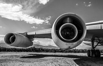 Straalmotoren van Convair 880 in zwart-wit
