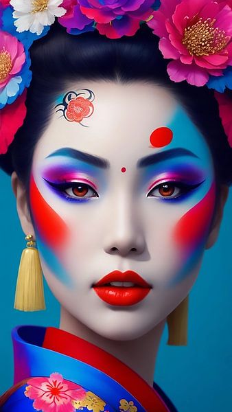 Geisha with extreme makeup an ai generated image. by Brian Morgan