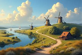 Summer Dutch Landscape with Mills and Water by Kleurenrijk