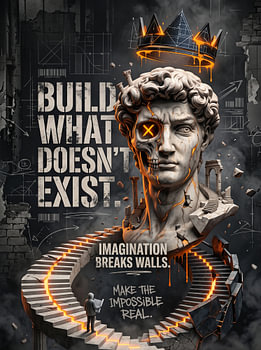 Build What Doesnt Exist Imagination Breaks Walls Cyberpunk Statue Graphic Design