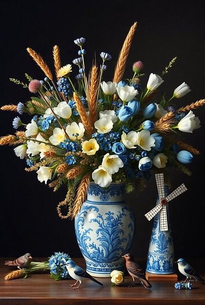 Delfter Blau Blumenvase mit Tulpen und Ähren - Holländisches Stillleben von Kleurenrijk