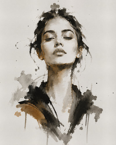 Ink Muse VI | Abstract portrait of a woman in Indian ink and watercolour