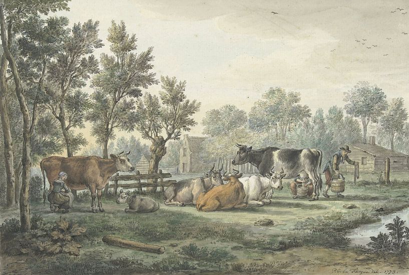 Wei met koeien die gemolken worden, Paulus Constantijn la Fargue van Meesterlijcke Meesters