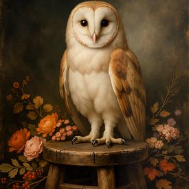 Silent Bloom - owl with flowers in still life setting by Kleurenrijk