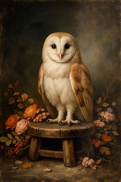 Silent Bloom - owl with flowers in still life setting