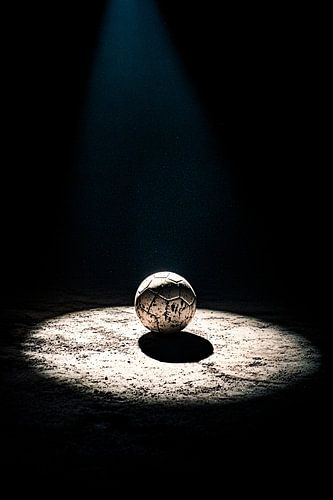 Voetbal onder spotlight in zwart-wit