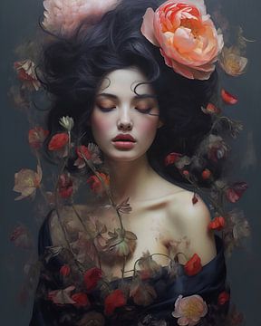 Modern and colourful portrait "Flower girl" by Carla Van Iersel