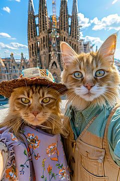 Gaudí-Miaus: Katzen-Paar vor der Sagrada Família - Lustige Selfie Katzen von Felix Brönnimann