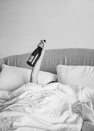 Champagne In Bed - Black And White Photography - Female With Alcohol Bottle In Hand Photograph by Dagmar Pels