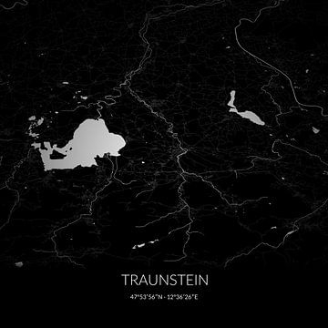 Black and white map of Traunstein, Bayern, Germany. by Rezona