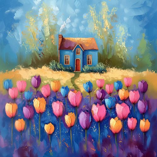 Huisje met tulpenveld
