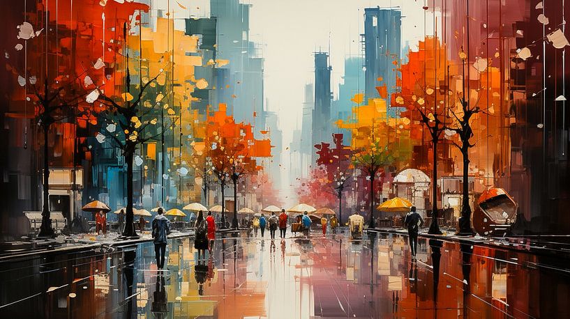 Shopping dans une ville avec des arbres en automne Art Peinture par Animaflora PicsStock
