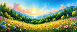 Summer landscape panorama - In the magical light of the morning sky, where flower meadows, coniferous forest and gentle mountains merge together by AidasignArt