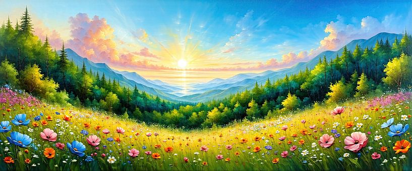 Summer landscape panorama - In the magical light of the morning sky, where flower meadows, coniferous forest and gentle mountains merge together by AidasignArt