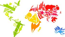 Weltkarte, fröhlich kreativ mit lokalen Bildern von Atelier Liesjes