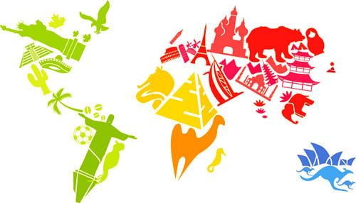 Wereldkaart, vrolijk creatief met lokale afbeeldingen