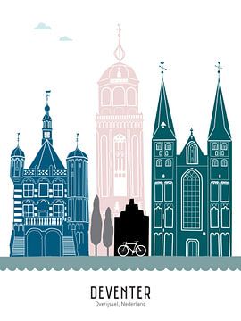 Skyline-Illustration der Stadt Deventer in Farbe