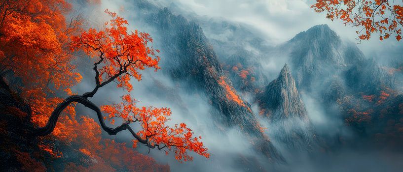 Herbstliche Berglandschaft im Nebel von Poster Art Shop