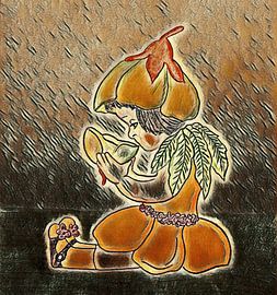 Mädchen trinkt aus einer Schale mit Blättern.