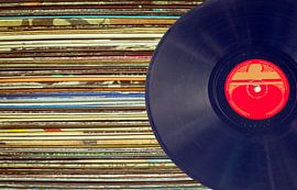 Stack of coloured LP sleeves with unnamed record by Patricia Hofmeester