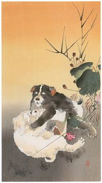 Ohara Koson - puppies spelen (bewerkt) van Peter Balan