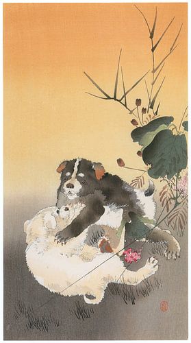 Ohara Koson - puppies spelen (bewerkt)