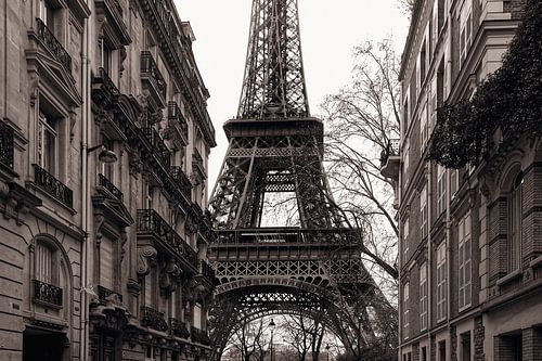 Tussen de huizen door de Eiffeltoren in monotone kleur.
