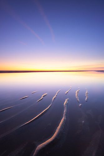 Lijnenspel op het strand en in de lucht met lila tinten