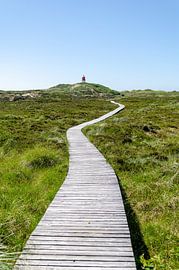 Wooden path to the lighthouse under a clear sky by Alexander Baumann