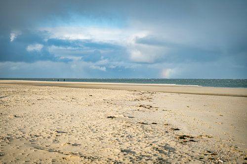 the beach of the island of Texel with dark clouds in the background and waves in the surf