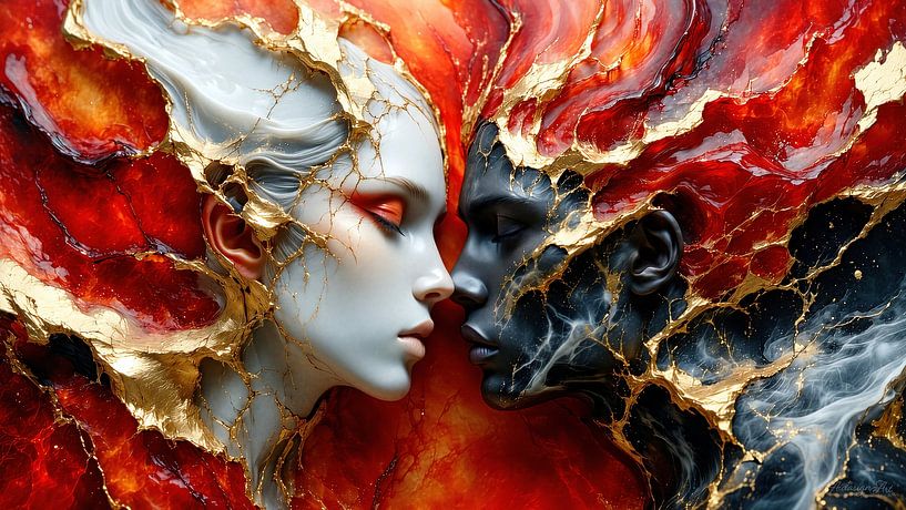 L'érotisme entre le marbre et l'or - le couple à l'instant précédant le baiser, capturé entre fermeté et dissolution, intimité et fusion par AidasignArt